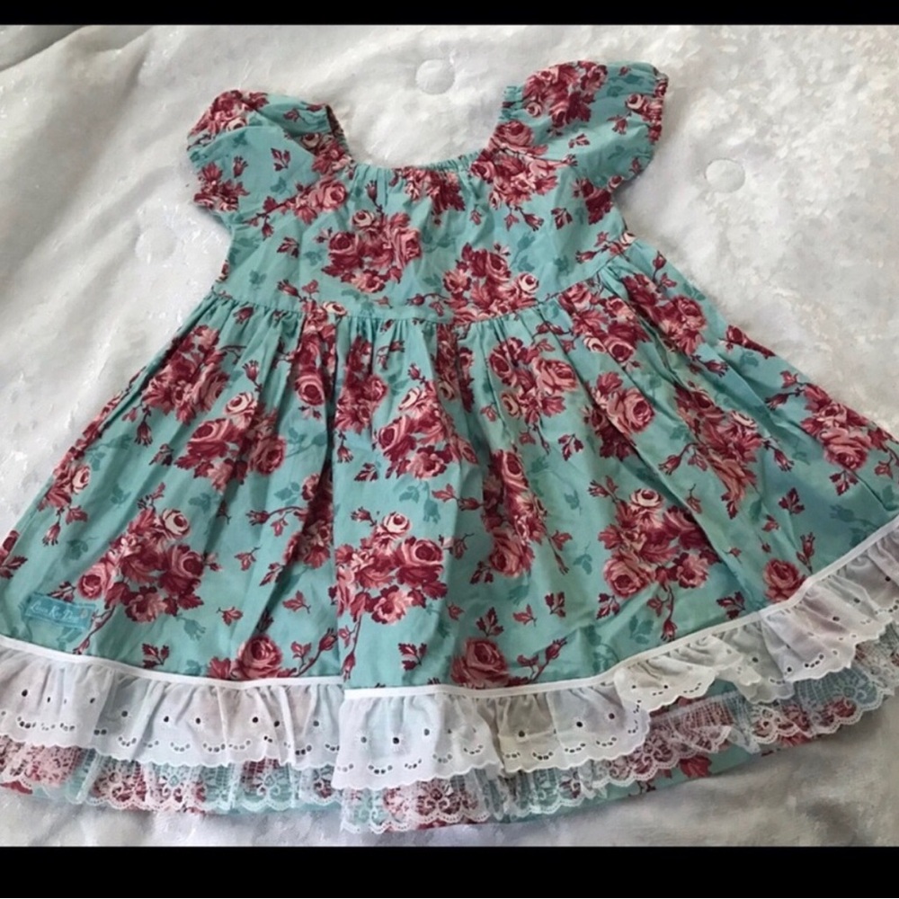Laura Kae Girls Floral Tiered Dress with Lace Trim - Blue & Pink NWT